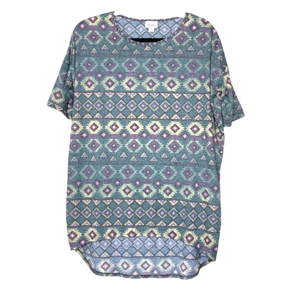 LULAROE Irma Geometric Pattern Muted Shades Of Green, Purple & Yellow Size XS - Picture 1 of 5